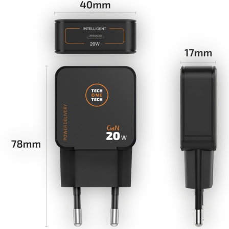 Tech One Tech Cargador GaN 20W Negro con Cable USB-C de 1m TEC2223 Tech One Tech Cargador GaN 20W Negro con Cable USB-C de 1m TEC2223